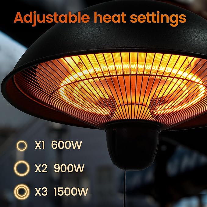 Hanging Patio Heater, Outdoor/Indoor Electric Infrared, Ceiling Heater with 3 Adjustable Modes 600W/900W/1500W.