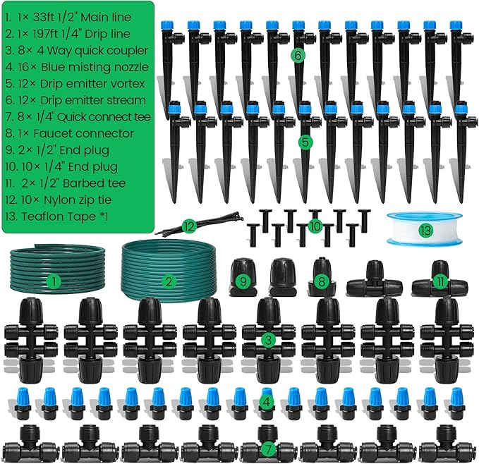230FT Drip Irrigation System, Quick-Connect Automatic Garden Watering Misting System for Greenhouse, Yard, Lawn with 1/2 inch Hose, 1/4 inch Distribution Tubing, Drip Emitters, Connectors