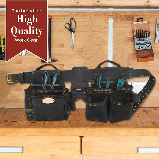 Style n Craft 4-Piece and 17-Pocket Pro Framer’s Combo, Tool Belt with 2 Tool Pouches and 1 Hammer Holder, Full-Grain Oiled Leather Tool Belt, Dark Brown (90429)