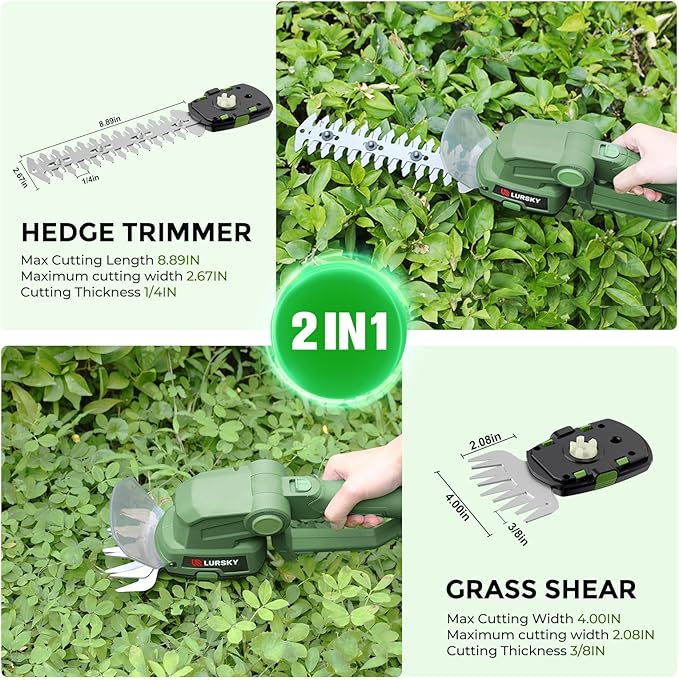 Cordless Hedge Trimmer with Battery - 2-in-1 21V Grass Shears Handheld, Electric Shrub Trimmer Kit for Garden, Yard and Lawn, Charger Included (Forest Green)