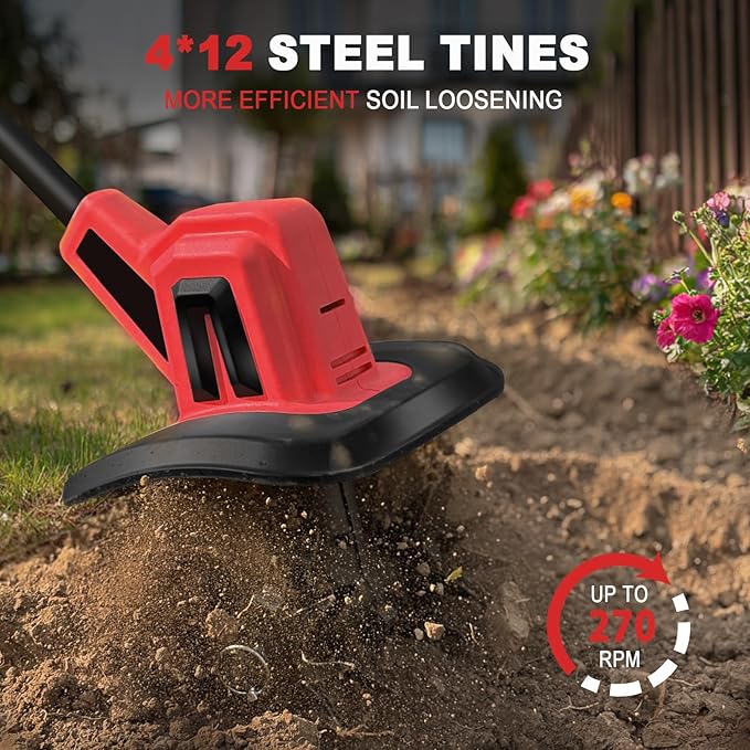 MaxMore Cordless Tiller Cultivator Compatible with Milwaukee 18V Battery (Tool Only), Electric Garden Rototiller with 48 Steel Tines, 270RPM, 8.7" Tilling Width, 6.3" Depth for Gardening, Soil Turning