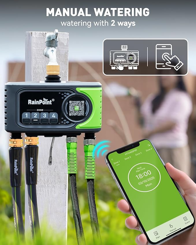 RAINPOINT WiFi Sprinkler Timer 4 Zone, Outdoor Smart Water Timer for Garden Hose with Brass Inlet, Custom Programs via APP/Voice Control for Automatic Watering System