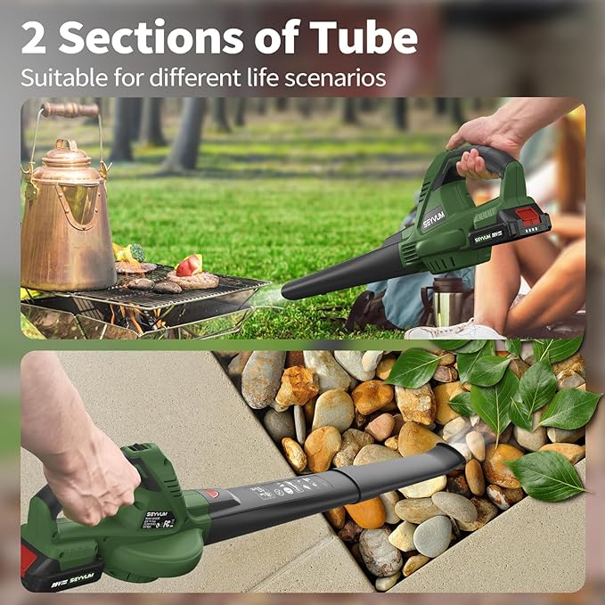 SEYVUM Leaf Blower, 20V Cordless Blower with 2 x 2.0Ah Battery, Electric Leaf Blowers for Lawn Care, 320 CFM 150 MPH Battery Powered Leaf Blower, for Patio, Garden Cleaning, Fast Charger, Dark Green