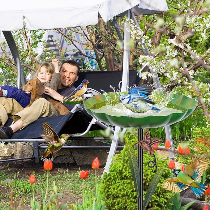 Metal Bird Bath for Outside, Detachable Birdbath Sturdy 5-Prong Stake Base with Bowl & Decorative Birds, Durable Iron Garden Birdbath Feeder for Outdoor Garden Yard Patio Decor(Retro Green)