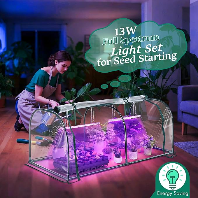 Meonum Indoor Greenhouse with Grow Lights, 51.18 "L x 25.59" W x 21.65" H Small to Medium Portable Greenhouse with 13W Dual Growing Lamps, PVC Film, Timing Function, for Seed Starting