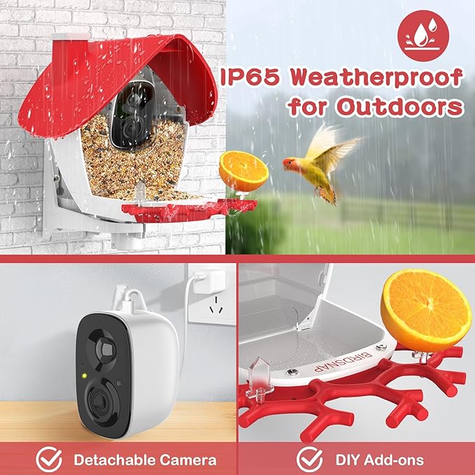 birdsnap® MON - Bird Feeder with Camera, 2K Detachable Video Bird Feeder Live with 32GB Card Fruit Fork, AI Identify Feather Species, Auto Record in Backyard, Ideal Gift for Birds Lover