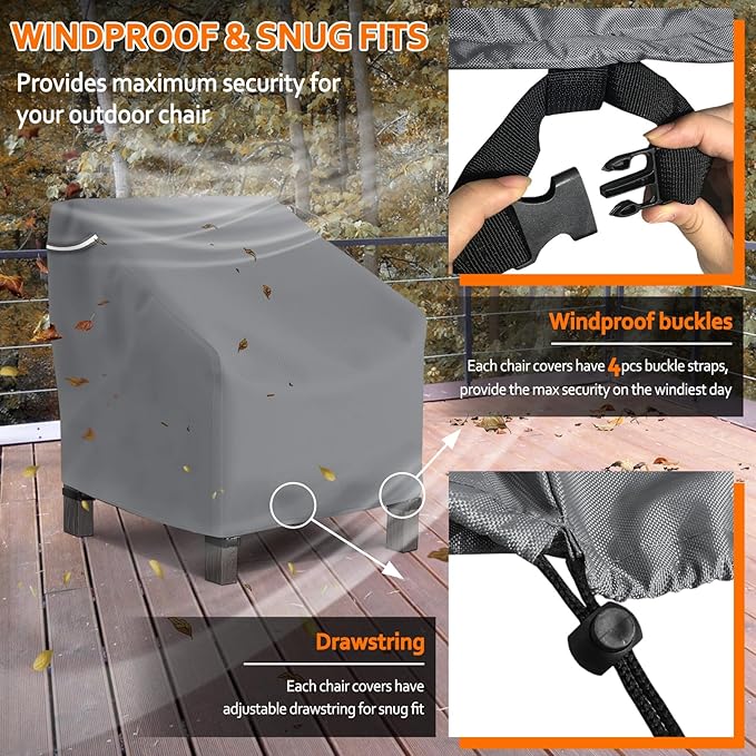 STARTWO Patio Outdoor Chair Covers 2 Pack, Outdoor Furniture Covers Waterproof adapter for Lawn Lounge Seat, Wicker, Swivel, Adirondack,Rocking Chairs,33W x 35D x 38.5H inch,Grey