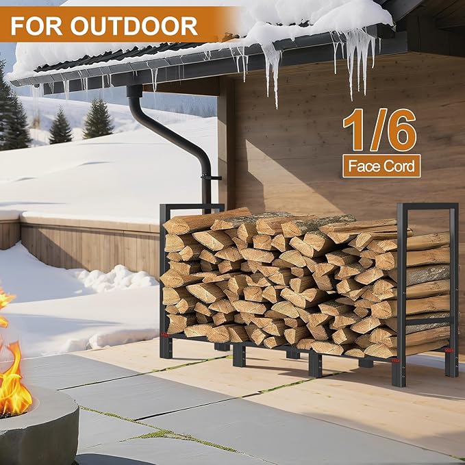 4FT Firewood Rack Indoor Outdoor, Firewood Log Rack Holder with 4 Reinforced Metal Sheets for Fireplace Wood Storage, Heavy Duty Metal Pile Log Stand Stacker Holder for Patio Outdoor