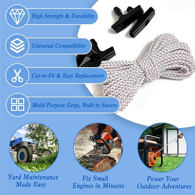 Heavy-Duty Pull Cord Rope Kit - 100Ft 4.0MM Lawn Mower Pull Cord Replacement, Starter Rope with 4 Universal Handles for Chainsaws, Snowblowers & Gas or Diesel Engines (for Briggs/Stratton/STIHL)