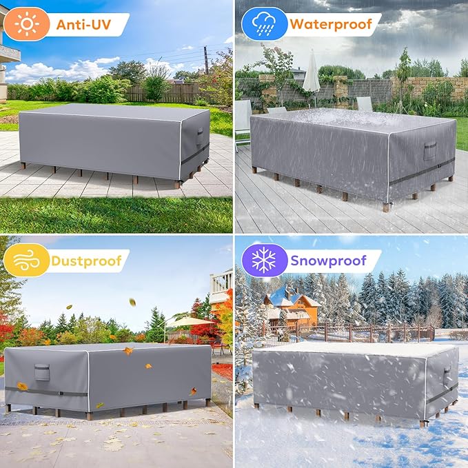 Outdoor Furniture Covers Waterproof, Upgrade Windproof Patio Furniture Covers, Tear-Resistant Patio Table and Chair Set Cover with Buckle Straps and Elastic Hem, 108" L× 82" W× 28" H, Grey