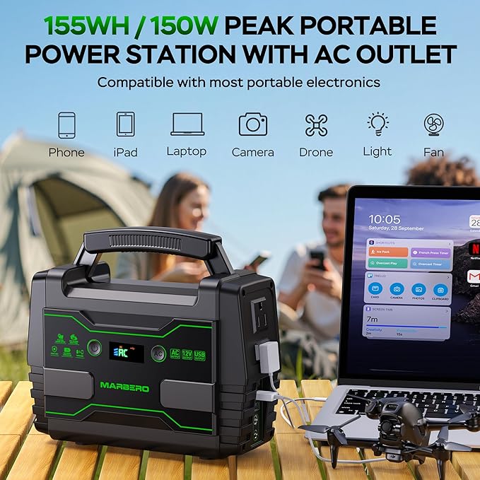 MARBERO Portable Power Station 155Wh Camping Solar Generator 100W with AC DC and USB Outputs LED Fast Charge for Outdoor Adventure Hiking RV Home Blackout Backup CPAP Emergency (Solar Panel Optional)