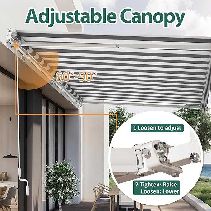 MCombo 11.5x9.5 Feet Manual Retractable Patio Door Window Awning Sunshade Shelter Outdoor Canopy, 1210 (Grey with White Stripes, 11.5'(L) x 9.5'(W))