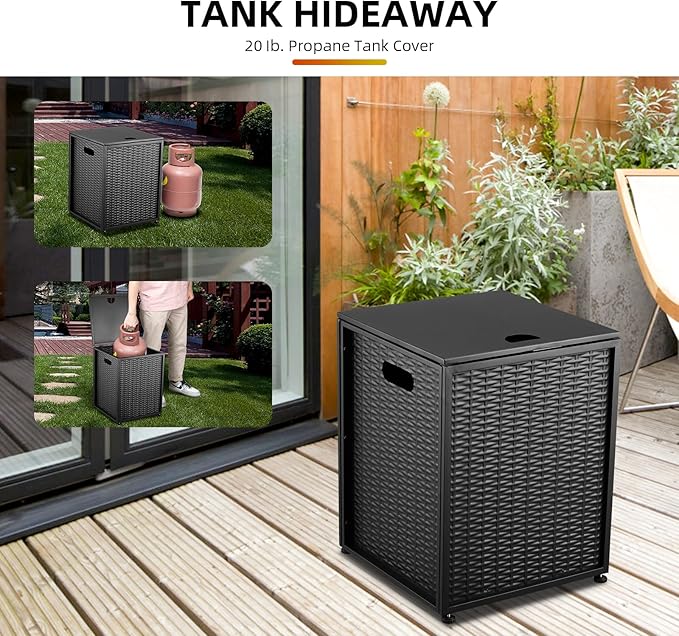 Propane Tank Hideaway Table for Gas Fire Pits - 20 lbs Propane Tank Storage Side Table for Gas Fire Pit, Gas Grill, Griddle, and Propane Stoves (Black)