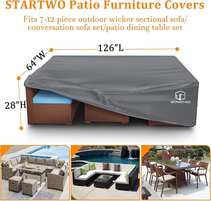 STARTWO Patio Furniture Covers, Waterproof Outdoor Furniture Covers Fits 12 Seats Table and Chairs, Outside Sectional Sofa Set, 126Lx64Dx29H