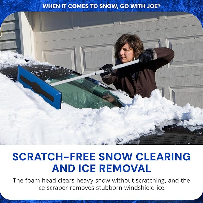 Snow Joe 18" Telescoping Snow Broom & Ice Scraper for Car Windows, No-Scratch Foam Brush - Long and Extendable Ice Removal Tool for Window and Windshield - Automotive Cleaning Accessories, SJBLZD
