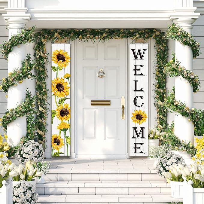 Tatuo Sunflower Welcome Hanging Banners Fall Porch Banners Flags Autumn Door Banner Thanksgiving Hanging Banner for Front Door Garden Home Yard Sunflower Party Decorations(White Background)