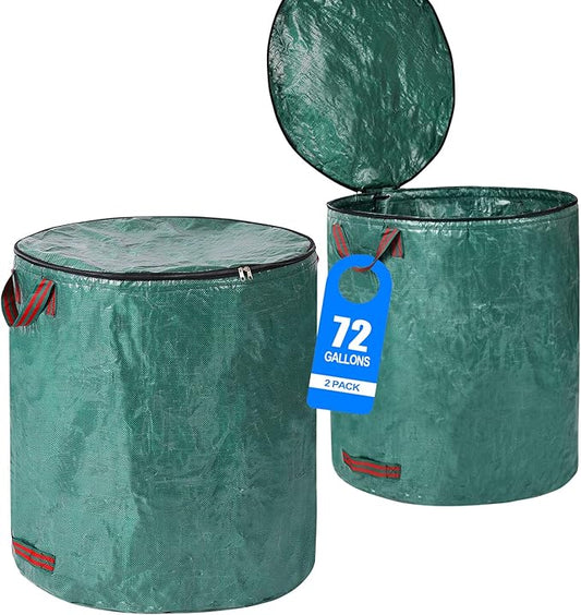 2 Pack 72 Gallons Reusable Garden Waste Bags with Lid Lawn and Leaf Bags Heavy duty Reinforced 4 Handles Yard Waste Bags Container for Clean Up Outdoor Debris Leaves Grass Clippings
