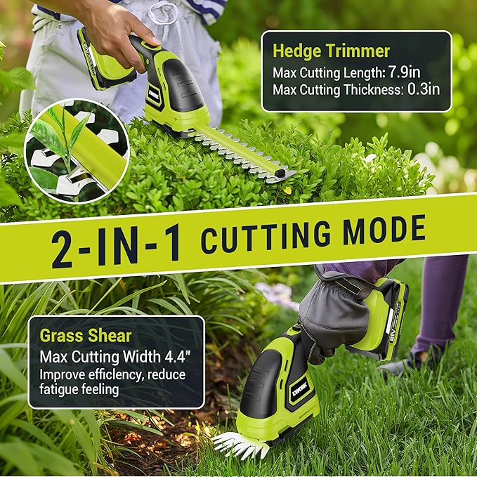 EWORK 21V Cordless Hedge Trimmer & Grass Shears 2-in-1 Handheld Small Electric Bush Trimmer with 2x2.0Ah Battery and Charger, Battery Powered Shrub Trimmer for Garden, Yard, Lawn Maintenance