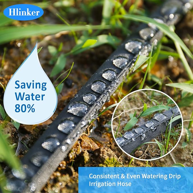 Flat Soaker Hose 25 FT for Garden Beds, 25Ft 1/2" Linkable Consistent Drip Irrigation Hose Save 80% Water, Leakproof Heavy Duty Double Layer Sprinkler Hose