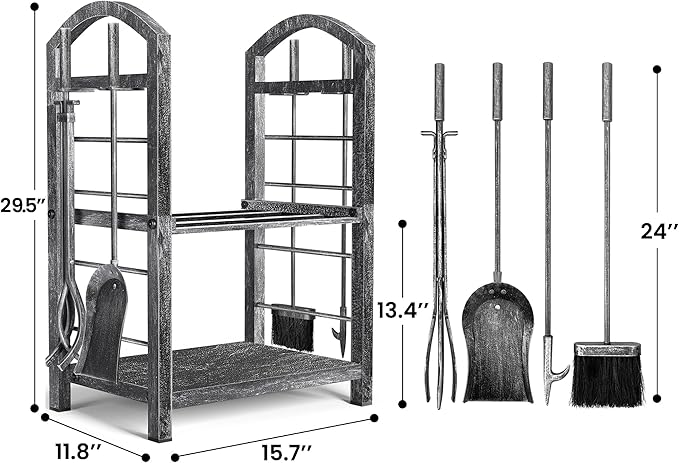 AMAGABELI GARDEN & HOME Firewood Rack Indoor with Tools 5-Piece Fireplace Tools Set Wood Holder Outdoor Wrought Iron Heavy Duty Firewood Storage Rack for Fireplace,Fire Pit,Wood Stove Antique Silver