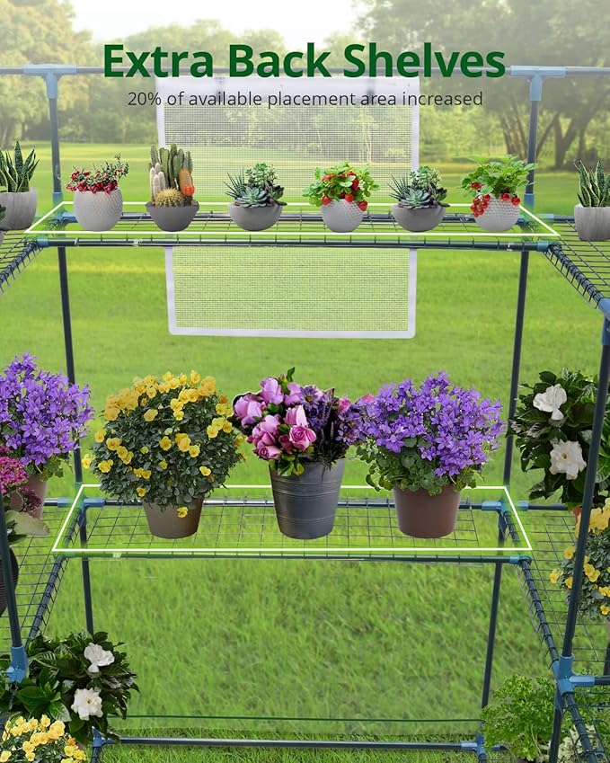 KING BIRD Premium Greenhouse for Outdoors, 56 x 56 x 77 Upgraded PVC Cover & Steel Frame Walk in Hot House, w/ Zippered Screen Windows Mesh Door, 3 Tiers 14 Shelves for Outside Garden, Clear