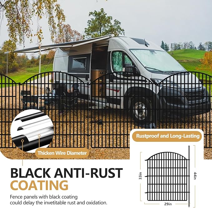 10 Panels No Dig Decorative Outdoor Garden Fence for Yard, 33in (H) x 24ft (L) Animal Barrier Fencing Rustproof Metal Panel Border for Dog, Rabbits Patio Camping Temporary Ground Stakes