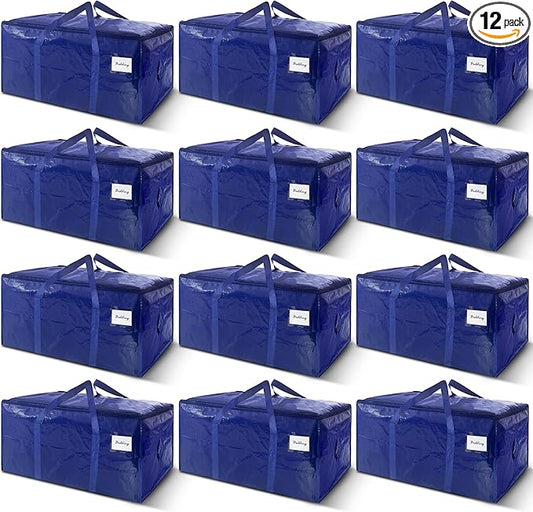 12 Pack Extra Heavy Duty Large Moving Bags with Strong Zipper & Carrying Handles, Sturdy Clothes Storage Bag Totes Bins, Packing Bags Moving Boxes College Moving Supplies, Dark Blue - 33 gal