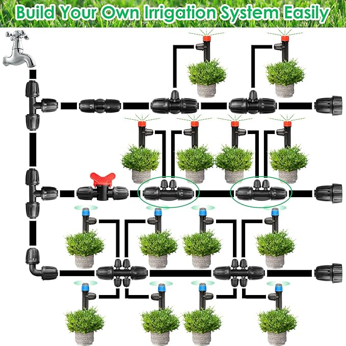 JAYEE Drip Irrigation Fittings, 12 Pcs Lock Barbed Four Way Connectors for 1/2 to 1/4 Inch Vinyl Tubing, Drip Line Parts 4-Way Tees Irrigation Connectors for Drip Sprinkler Garden Lawn Systems