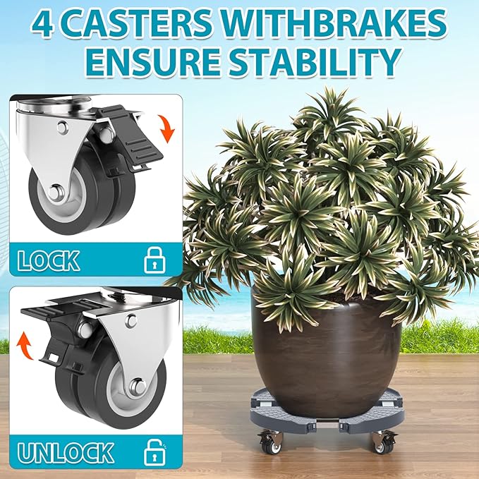 VANCASTLE Plant Caddy Plant Stand with Wheels, Heavy Duty Plant Roller Base 15-22 Inch Adjustable,Palnt Wheel Base 440 LBS, Large Potted Planter Cart Dolly for Flower Mover, Gray, 1 Pack