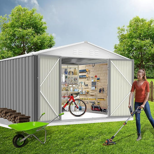 Garvee 7.5×8.5FT Outdoor Storage Shed, Metal Waterproof Garden Storage Shed Galvanized Steel Utility Tool Shed with Lockable Doors & Vents, All-Weather Shelter for Bike/Kids Car/Mowers, etc. Gray