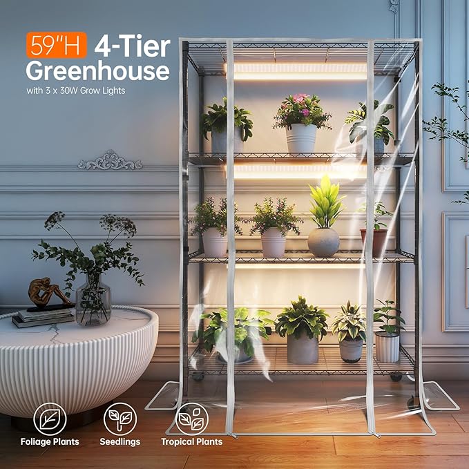 Indoor Greenhouse with Grow Light, Plant Stand with 3 Pack Full Spectrum Plant Lights , 3 color modes, Plant Shelf with Tent for Indoor Plant, Seed Starting, Seed Tray, 35.4"x13.8"x59"