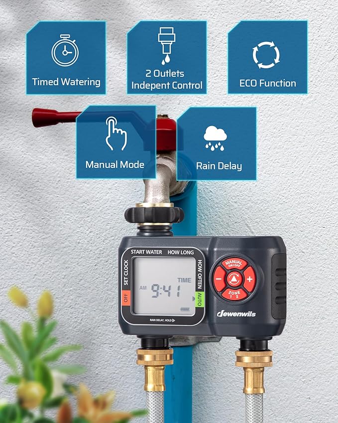 DEWENWILS 2-Zone Water Hose Timer – Programmable Sprinkler Timer with Rain Delay, Manual Watering & Auto Irrigation for Garden, Yard, or Lawn