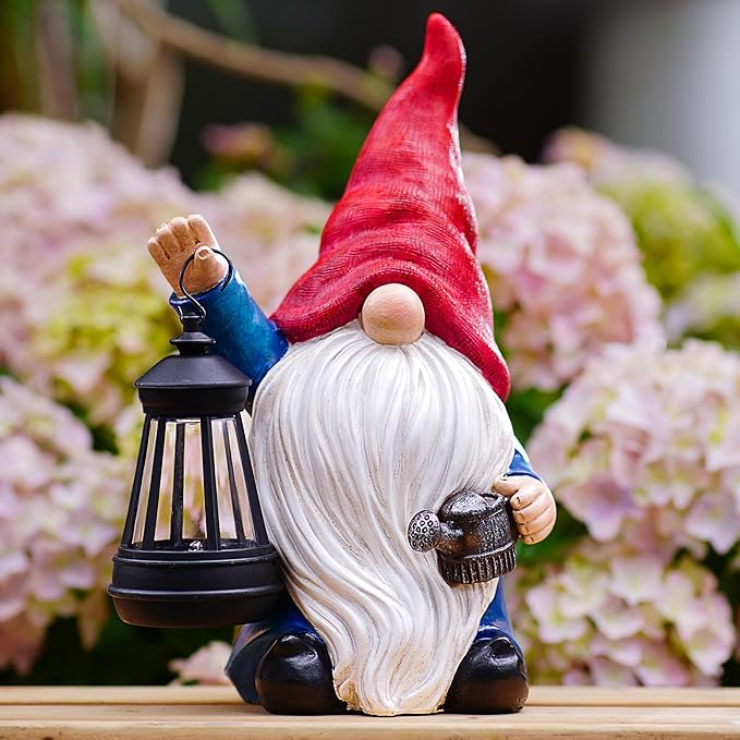 Solar Garden Gnome Gnome Outdoor Statues Garden Decor Resin Birthday Gifts for Women Mom Art for Yard Porch Patio Lawn Yard with Watering Can Lights Lantern