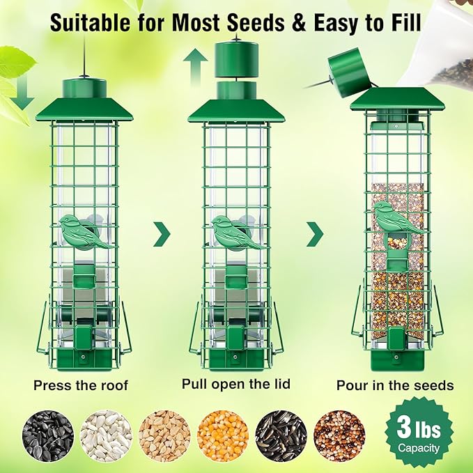 Squirrel Proof Bird Feeder, Metal Bird Feeders for Outdoors Hanging, Weight Activated, 3Lb Capacity, 4 Ports, All-Weather Tube Bird Feeder for Outside, Cardinal Finch Bluebird Wild Bird Feeder