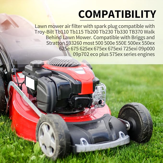 593260 Air Filter Spark Plug for Troy-Bilt TB110 TB115 TB200 TB230 TB330 TB370 Walk Behind Lawn Mower