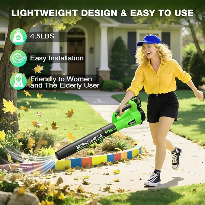 Tietoc Leaf Blower Cordless, 1200W Brushless Electric Leaf Blower with 2 X 5.0Ah Battery, 6 Speed Levels, 2 Extended Tube and 3 Nozzles, Powerful Leaf Blowers for Garden,Yard,Lawn Care (Green)
