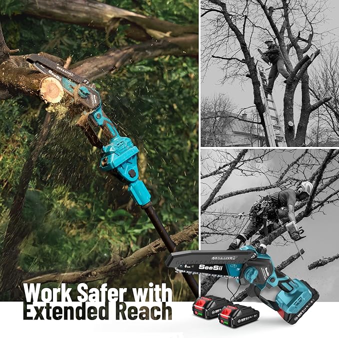 SEESII PS620 2-in-1 Electric Pole Saws: 6 Inch Mini Chainsaw Cordless with Extension Pole, 2Pcs Batteries, Brushless Chain Saw for Limb Branch Cutter, Battery Tree Trimmers Pruner,16Ft Long Reach