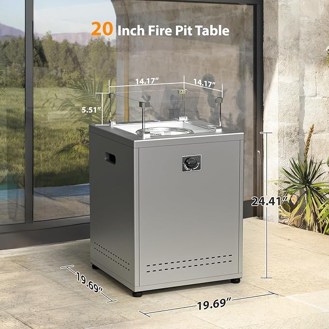 Fire Pit Table Propane Smokeless Fire Pit Outside Heater Patio with Lava Rocks,Glass Wind Guard and Cover,20" Square Fire Pit Table for Balcony Garden Outdoor Camping Deck Backyard,Grey