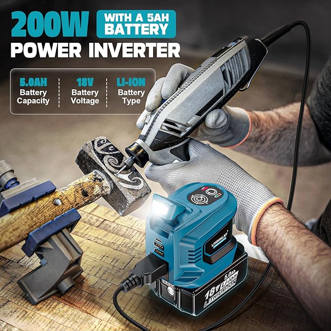200W Power Inverter for Makita 18V, Battery Inverter DC 18V to AC 110V-120V, Portable Power Station Power Adapter with a 5AH Battery & Charging Station, with 2 USB-A & 1 Type-C & 1 AC Ports
