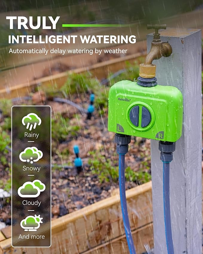 RAINPOINT WiFi Water Timer for Garden Hose, Brass Inlet 2 Zone WiFi Sprinkler Controller, Smart Hose Timer Valve with Antenna Gateway, Automatic Drip Irrigation System/Rain Delay for Garden/Lawn/Yard