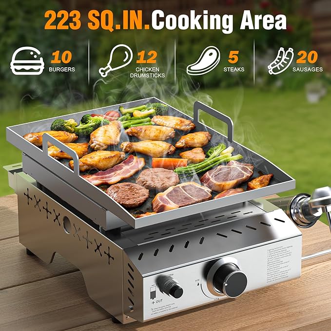Stainless Steel Tabletop Grill,18 Inch Portable Propane Grill Griddle with Handle,8000 BTU Flat Top Grill for Camping, Outdoor & Tailgating Barbecue