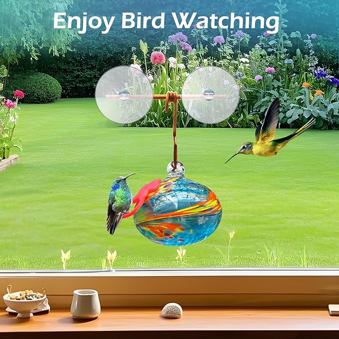 Window Hummingbird Feeder with Suction Cups,Hand-Blown Glass Hummingbird Feeders for Outdoors Window Mounted with Metal Hook,Close Bird Watching,Finch in Garden,Yard(Blue)