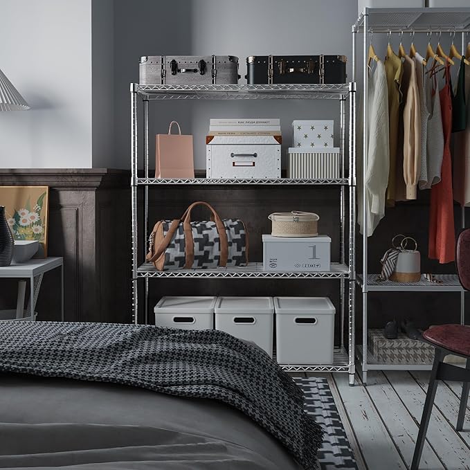 IZEUK 1400 LBS Garage Chrome Shelving Wide Storage Shelves 4 Tier Adjustable Heavy Duty Metal Wire Rack Standing Shelf Unit for Kitchen Office College Dorm Garage Warehouse 15.8" x 45.8"x 59.4"