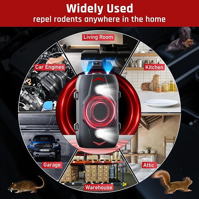 Ultrasonic Rodent Repellent for Car Engines - Under Hood Mouse Repellent with Upgraded 4 LED Strobe Lights, Plug-in & Battery Powered, Keep Rodents Out of Cars, RVs, Trucks, Garage, Indoor, Outdoor