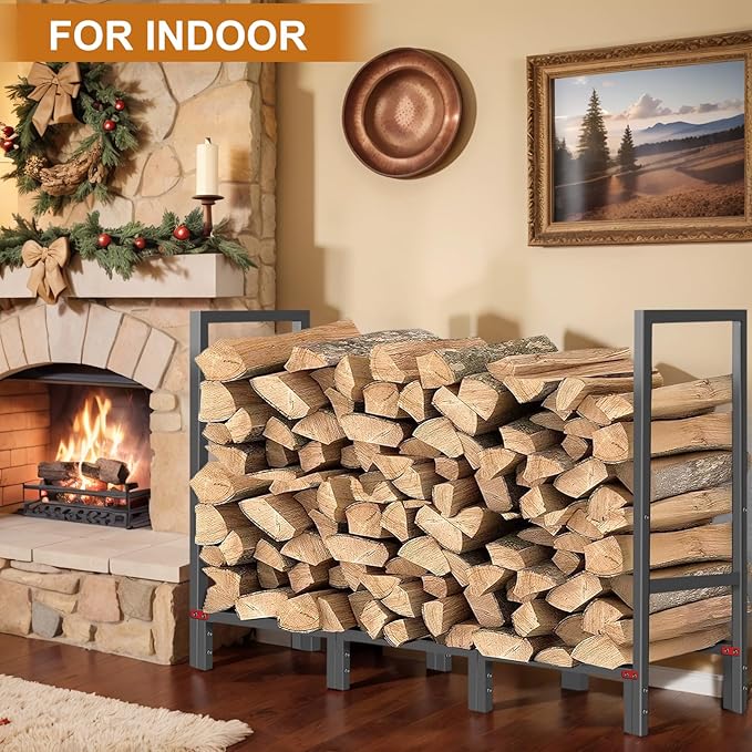 4FT Firewood Rack Indoor Outdoor, Firewood Log Rack Holder with 4 Reinforced Metal Sheets for Fireplace Wood Storage, Heavy Duty Metal Pile Log Stand Stacker Holder for Patio Outdoor