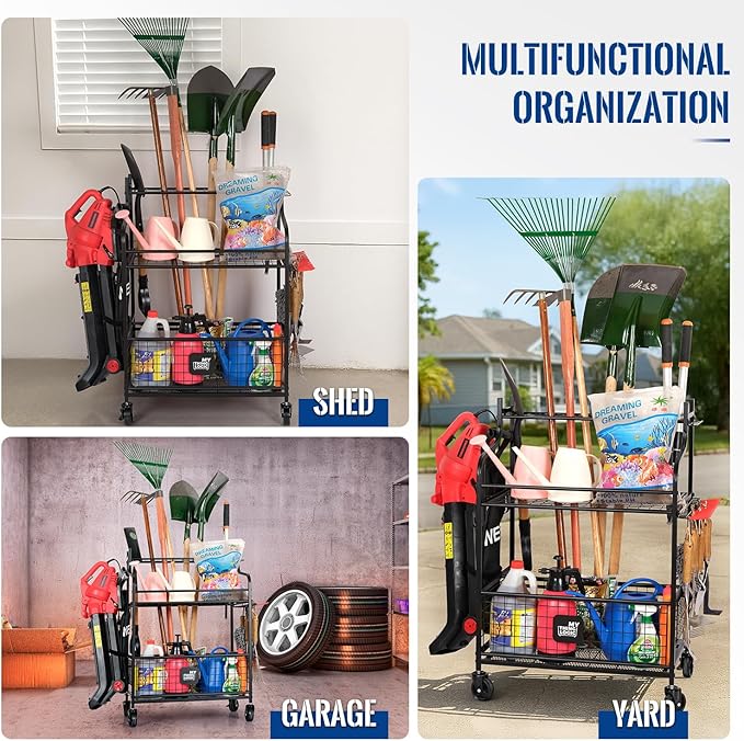 Mythinglogic Garden Tool Organizer for Garage, Yard Tool Rack with Wheels, Garage Organizers and Storage Holder for Yard Tools (Deluxe Tower)