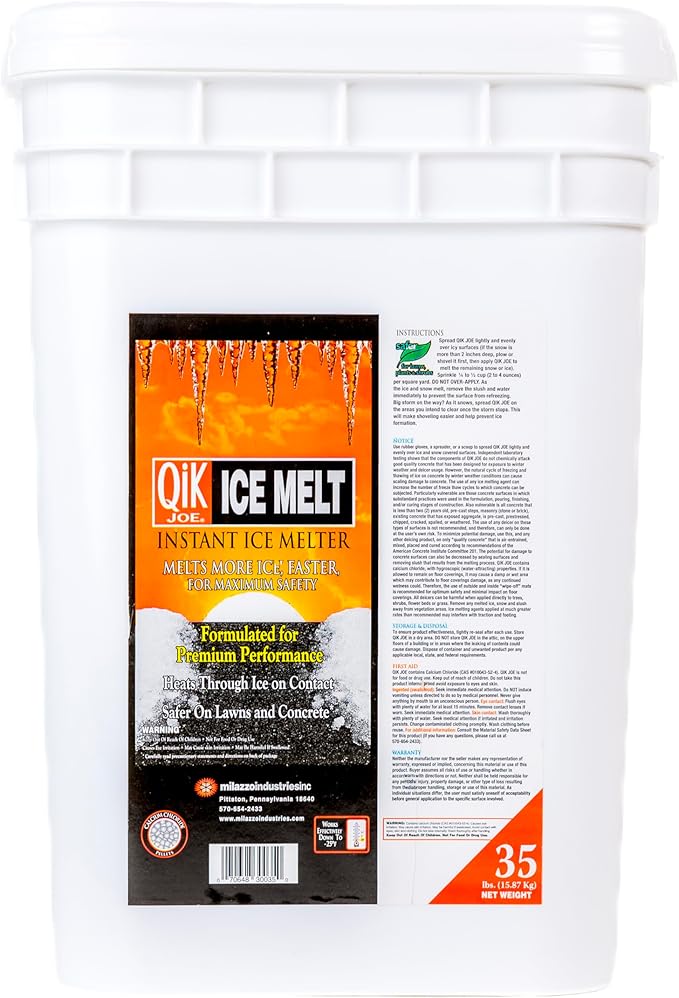 Qik Joe Calcium Chloride Ice Melt - Instant Snow and Ice Melt for Sidewalks, Driveways, Steps, and Parking Lots - Deicer for Concrete, Asphalt, and Other Surfaces - 35 Lbs