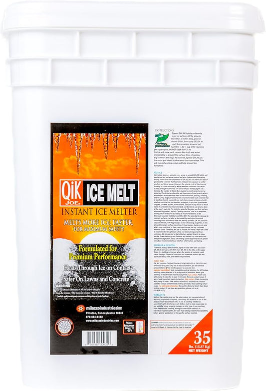 Qik Joe Calcium Chloride Ice Melt - Instant Snow and Ice Melt for Sidewalks, Driveways, Steps, and Parking Lots - Deicer for Concrete, Asphalt, and Other Surfaces - 35 Lbs