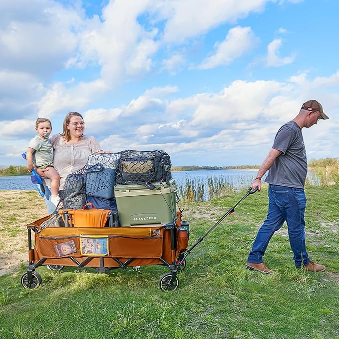 Timber Ridge 51.2'' Extended Collapsible Wagon Cart with Brakes and Cargo Net, 500LBS Heavy Duty Foldable Utility Wagon with Adjustable Handle, 400L Capacity Portable Cart for Camping Sports, Orange