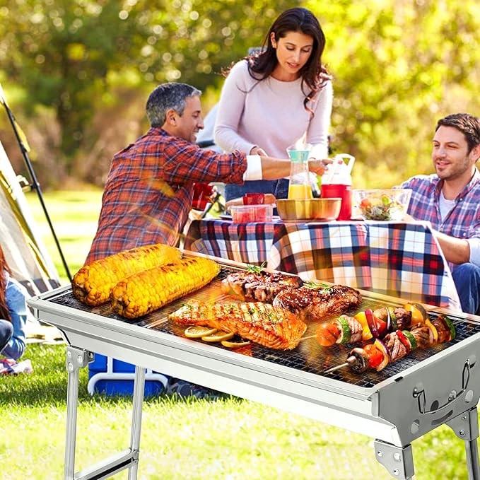 Uten Portable Charcoal Grill, Stainless Steel Folding BBQ Grill and Smoker, Barbecue Grill for Outdoor Cooking Camping Hiking Picnics Garden Beach Party BBQ Tools (Large)